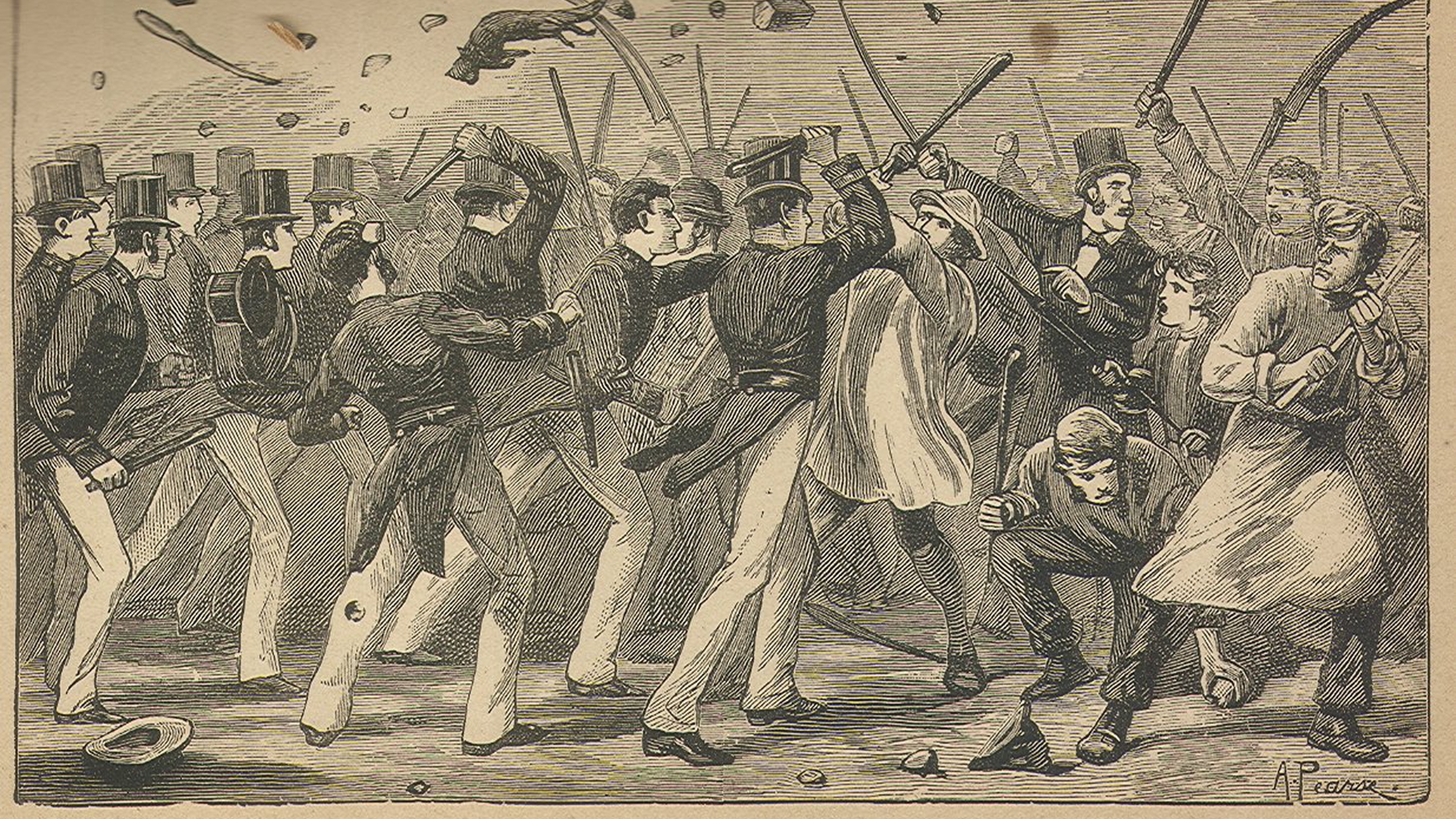 A detailed cartoon drawing of a group of men with truncheons, and in one case a sword, attacking another group of men.