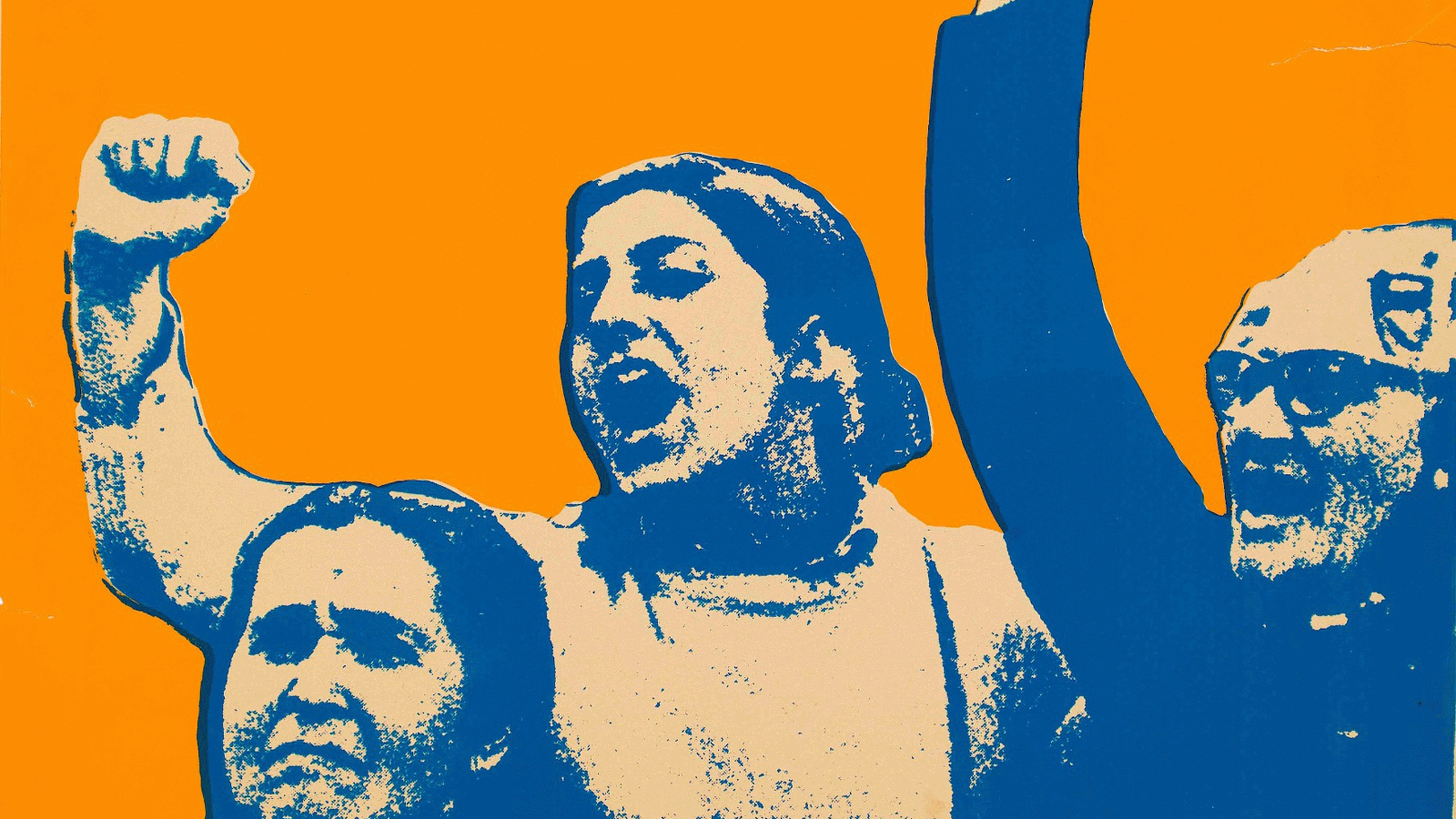 A silkscreen print of three women, of varying ages and heritages. All of them have their fists raised in anger and solidarity.